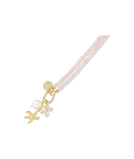 Fushi – ketting halfedelsteen facet rosequartz met clip en bedels